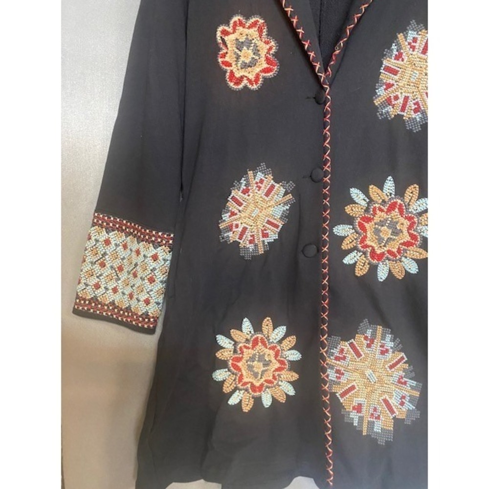 Kyla Seo Black Cotton Embroidered Duster Coat Floral Cross Stitch Jacket Large - Picture 5 of 10